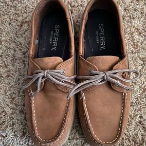 Sperry Tan Boat Shoes with Suede Finish and Moccasin Style